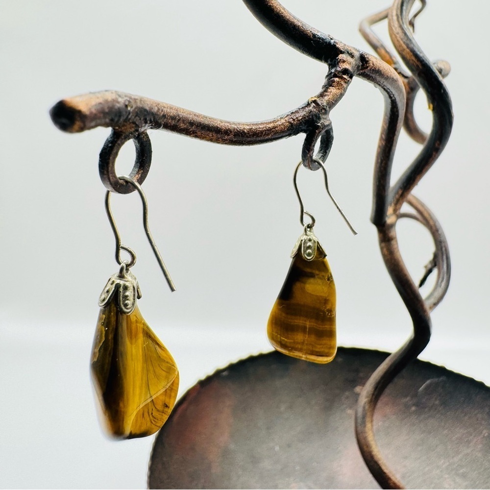 Tiger’s Eye Teardrop Sterling Silver Hook Dangle Earrings | Natural Stone - Picture 4 of 7